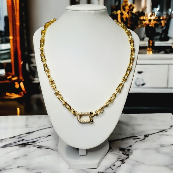 18k Gold over Sterling Hardware U Link Zircon Necklace - Picture 6 of 6